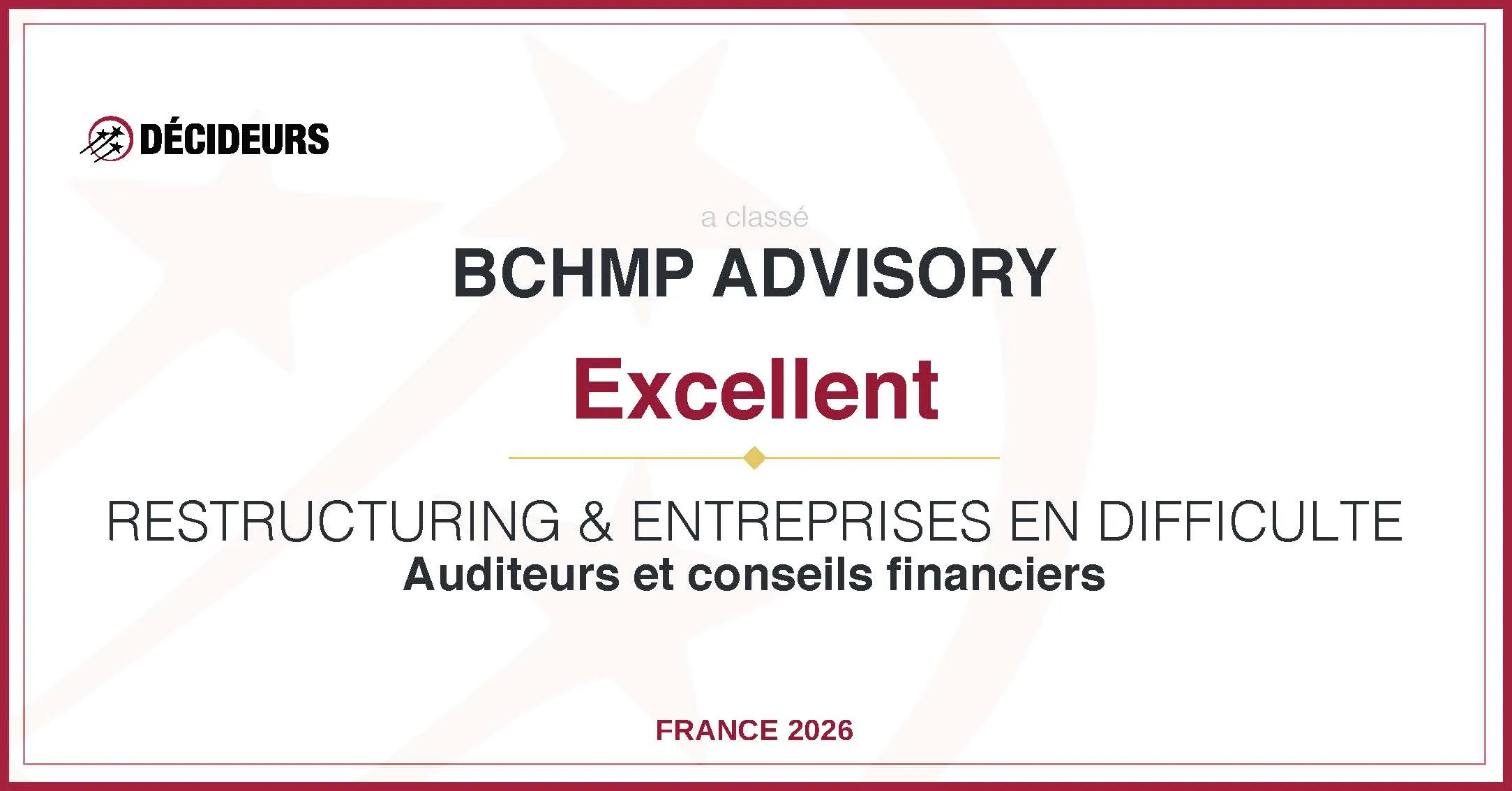 BCHMP Advisory classé « Excellent » — Décideurs 2026, Restructuring & entreprises en difficulté
